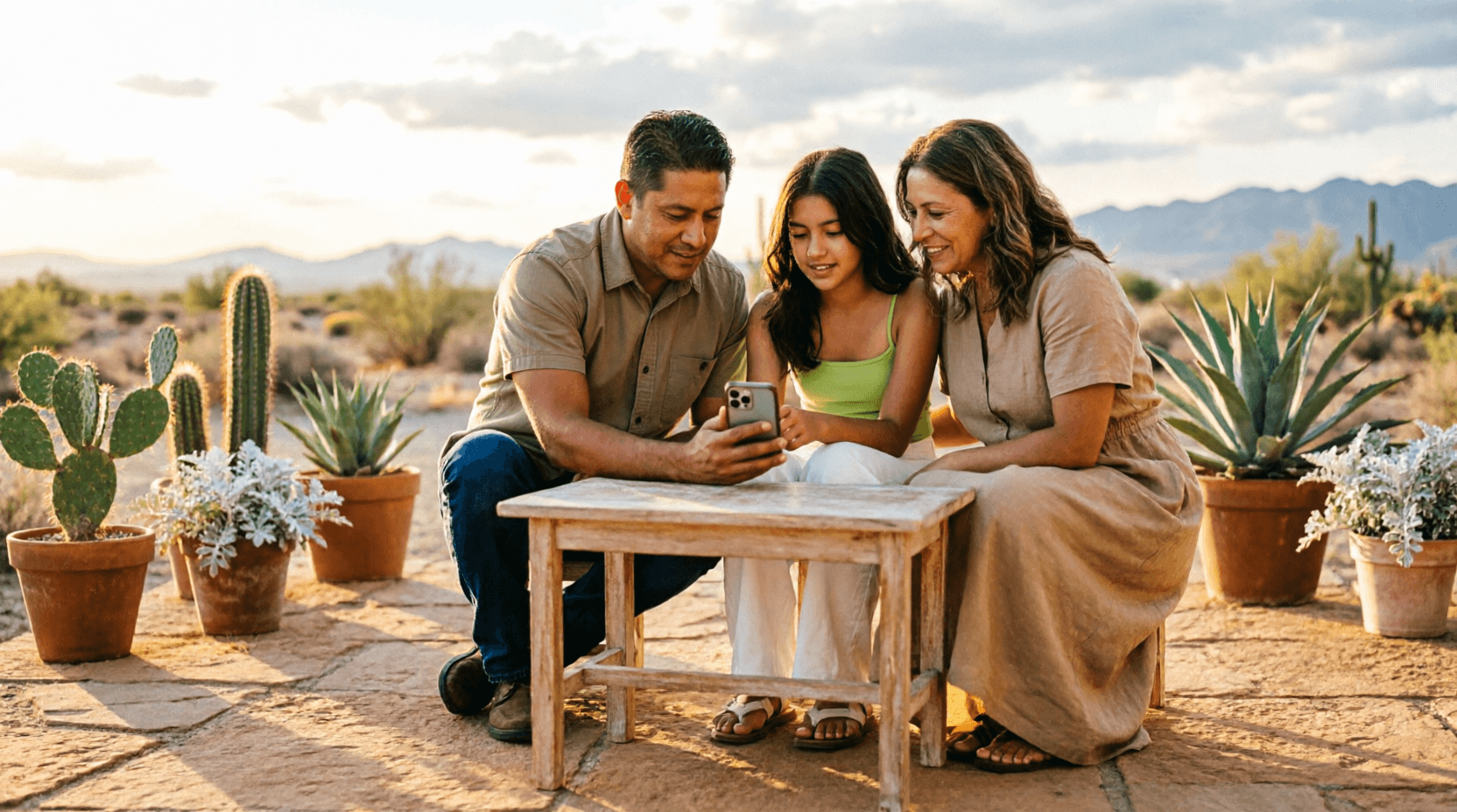 Familia sonorense leyendo noticias en un teléfono en la terraza de su casa