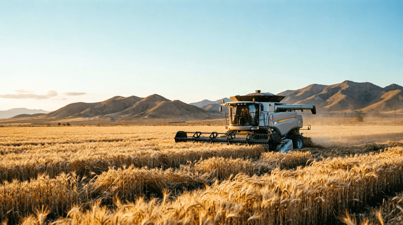 Campo de trigo dorado en el valle de Sonora con maquinaria agrícola